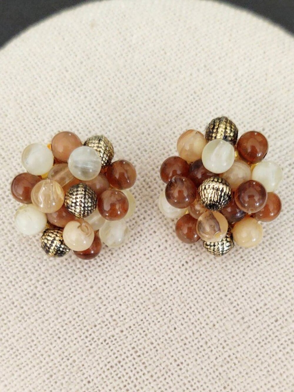 Vintage neutral tones beaded cluster clip on earrings